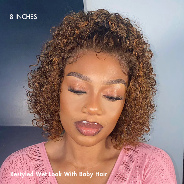 Crazy Wednesday | Brown Highlight / Jet Black Short Cut Slicked Back Curly Ear-to-ear Wide T Lace Wig