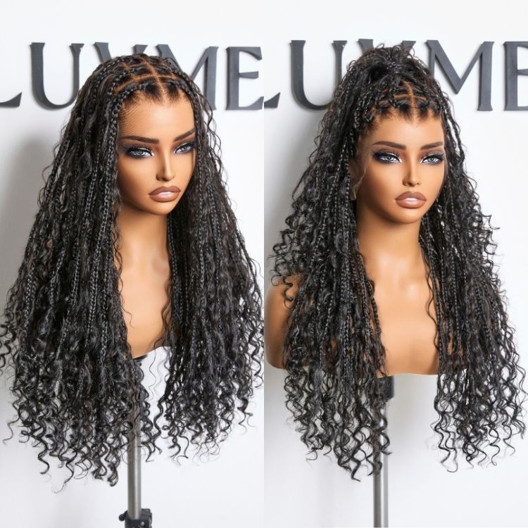 48H Delivery | Flexi-Fit Invisi Drawstring Cap Full Lace Knotless Boho Curls Braided Long Wig Super Natural Scalp -US ONLY