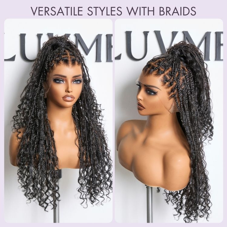 Special Deal | Flexi-Fit Invisi Drawstring Cap Full Lace Knotless Boho Curls Braided Long Wig Super Natural Scalp - US Only