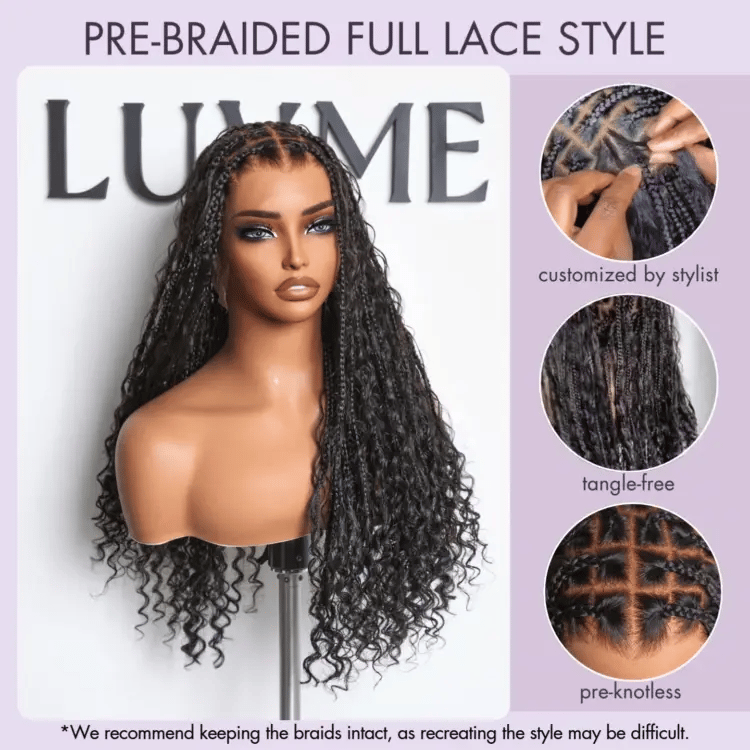 48H Delivery | Flexi-Fit Invisi Drawstring Cap Full Lace Knotless Boho Curls Braided Long Wig Super Natural Scalp -US ONLY