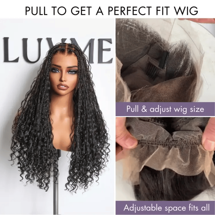48H Delivery | Flexi-Fit Invisi Drawstring Cap Full Lace Knotless Boho Curls Braided Long Wig Super Natural Scalp -US ONLY