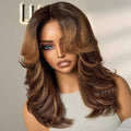 VIP DAY ONLY | 14 Inches Brown Highlight Middle Part Effortlessly Chic Layered Haircut Wavy Glueless HD Minimalist Lace Short Wig