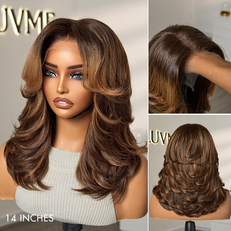 VIP DAY ONLY | 14 Inches Brown Highlight Middle Part Effortlessly Chic Layered Haircut Wavy Glueless HD Minimalist Lace Short Wig