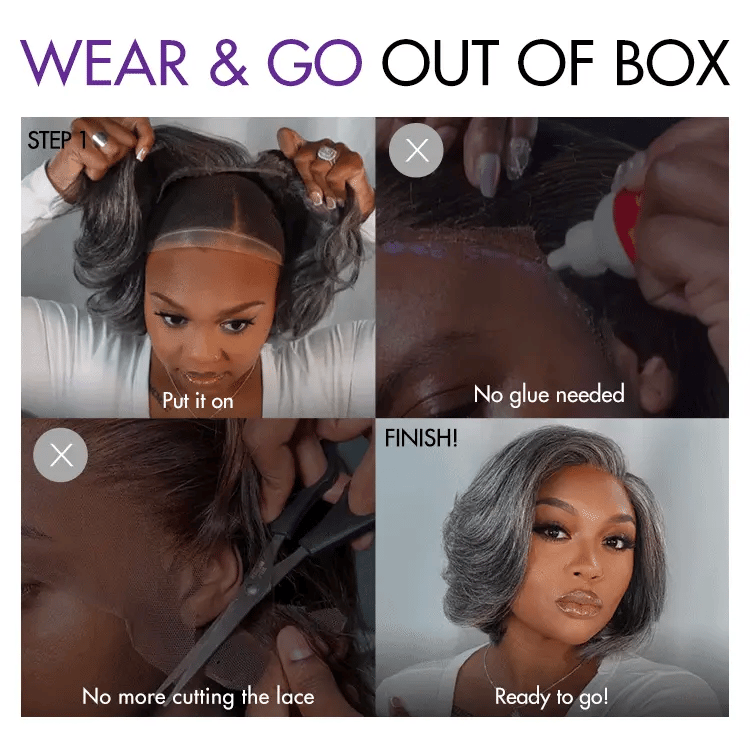 New Customers Only | Boss Vibe Salt & Pepper Layered Bob / Body Wave Glueless Pre-Cut Minimalist Lace Grey Wig