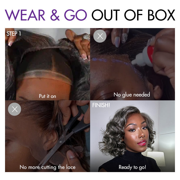 New Customers Only | Elegant Salt & Pepper Grey Wig Loose Body Wave Glueless Minimalist Lace Short Wig Pre-Cut Lace