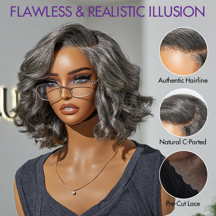 New Customers Only | Elegant Salt & Pepper Grey Wig Loose Body Wave Glueless Minimalist Lace Short Wig Pre-Cut Lace