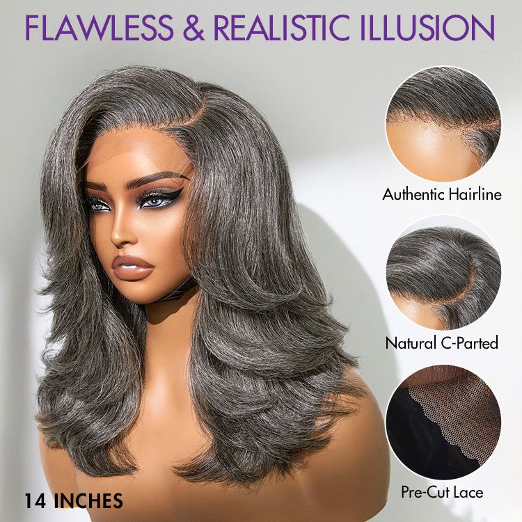 New Customers Only | Layered Blowout Salt and Pepper Glueless Grey Wig Minimalist HD Lace Shoulder Length Wavy Wig