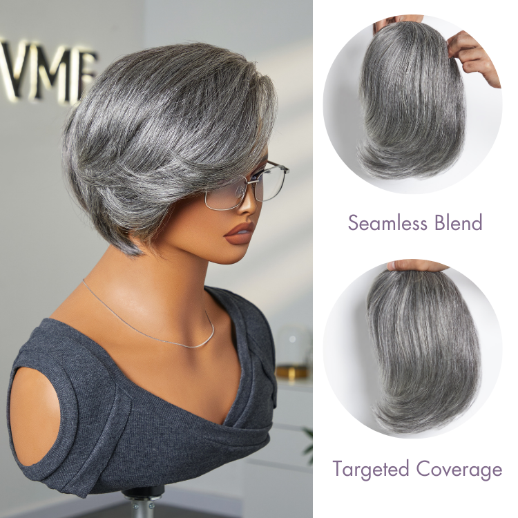 Salt and Pepper Straight Clip in Hair Topper with Bangs
