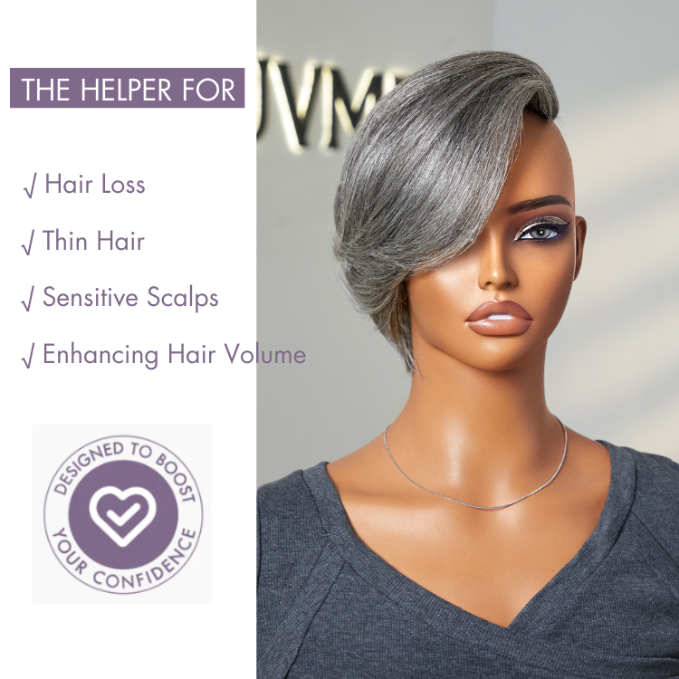 Salt and Pepper Straight Clip in Hair Topper with Bangs