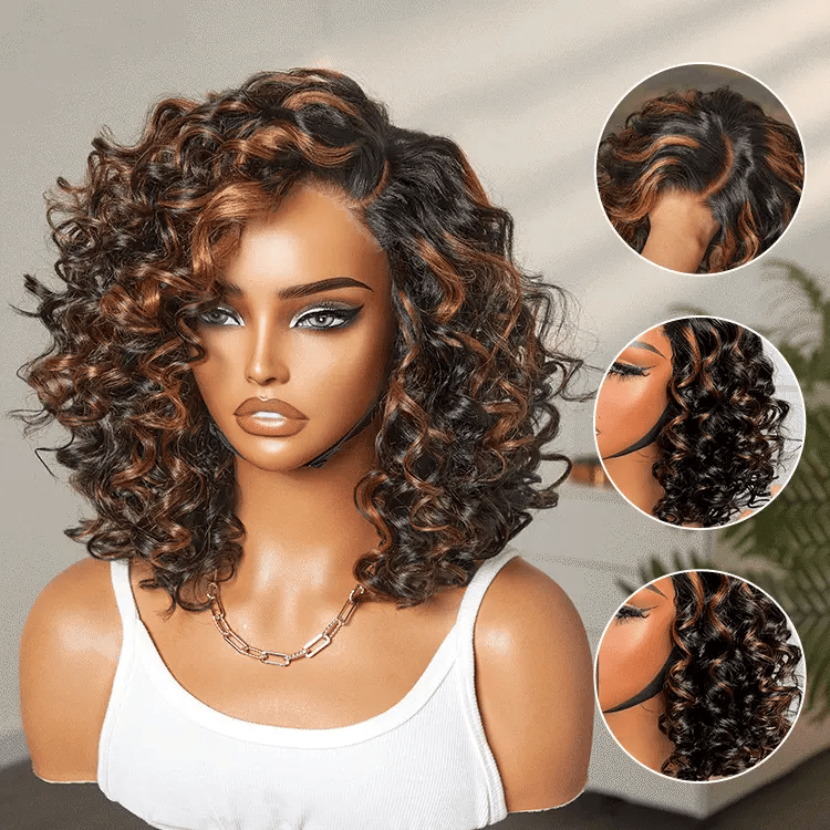 Crazy Wednesday | Effortless Elegance Brown Highlight / Natural Black Bouncy Curly Wig Minimalist HD Lace Glueless Wig Pre-Cut Lace