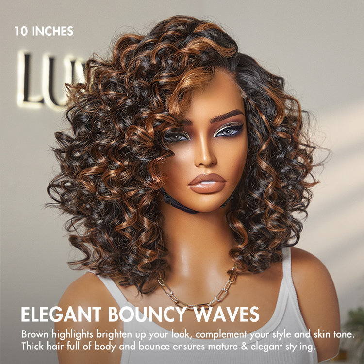 Crazy Wednesday | Effortless Elegance Brown Highlight / Natural Black Bouncy Curly Wig Minimalist HD Lace Glueless Wig Pre-Cut Lace