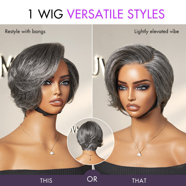 Salt and Pepper Short Pixie Cut Wig Glueless Minimalist HD Lace Grey Wig Pre-Cut Lace