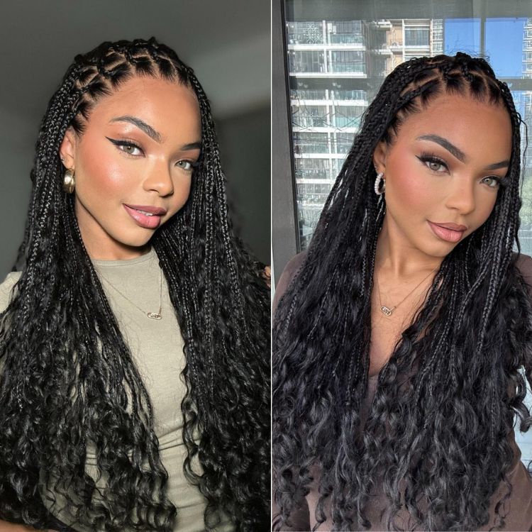 48H Delivery | Flexi-Fit Invisi Drawstring Cap Full Lace Knotless Boho Curls Braided Long Wig Super Natural Scalp -US ONLY