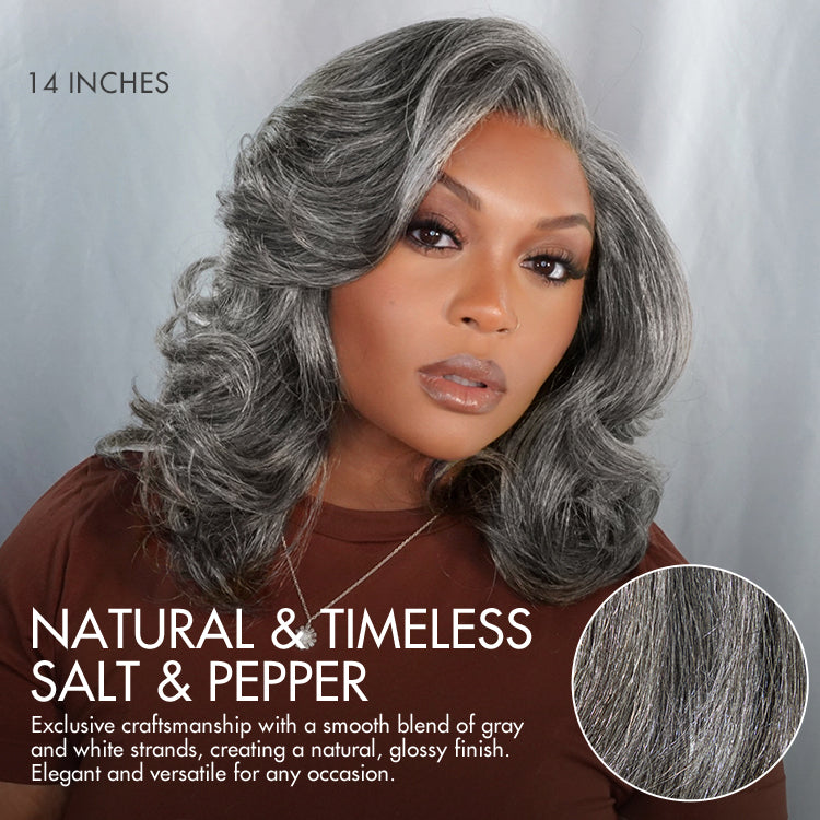 New Customers Only | Layered Blowout Salt and Pepper Glueless Grey Wig Minimalist HD Lace Shoulder Length Wavy Wig