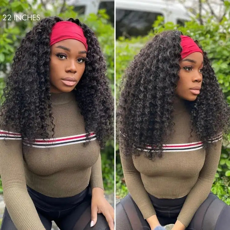 New Customers Only | Black / Brown Highlight Deep Wave Headband Wig (Get Free Trendy Headbands)