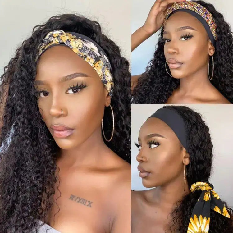 New Customers Only | Black / Brown Highlight Deep Wave Headband Wig (Get Free Trendy Headbands)