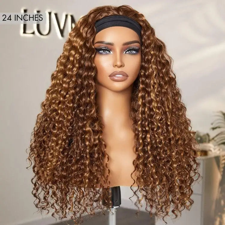 New Customers Only | Black / Brown Highlight Deep Wave Headband Wig (Get Free Trendy Headbands)