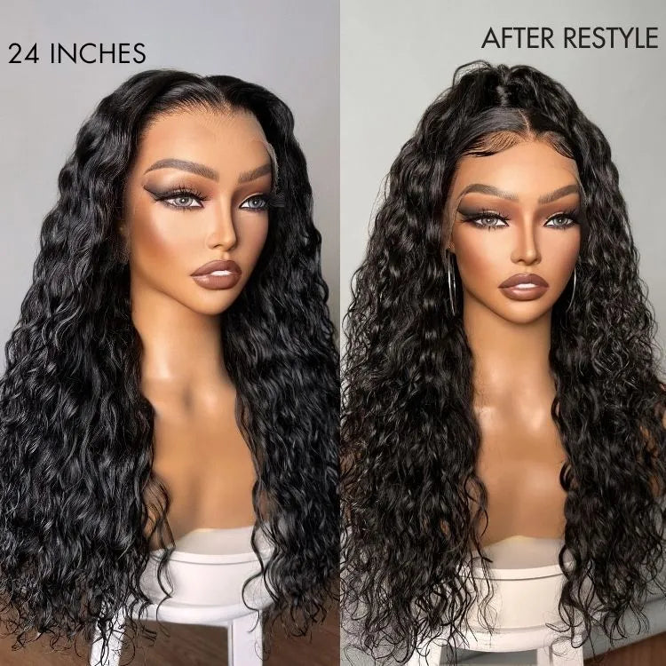 Points Reward | 24 Inches 180% Density Water Wave 13x4 HD Lace Front Free Part Glueless Human Hair Wig Pre Cut Lace