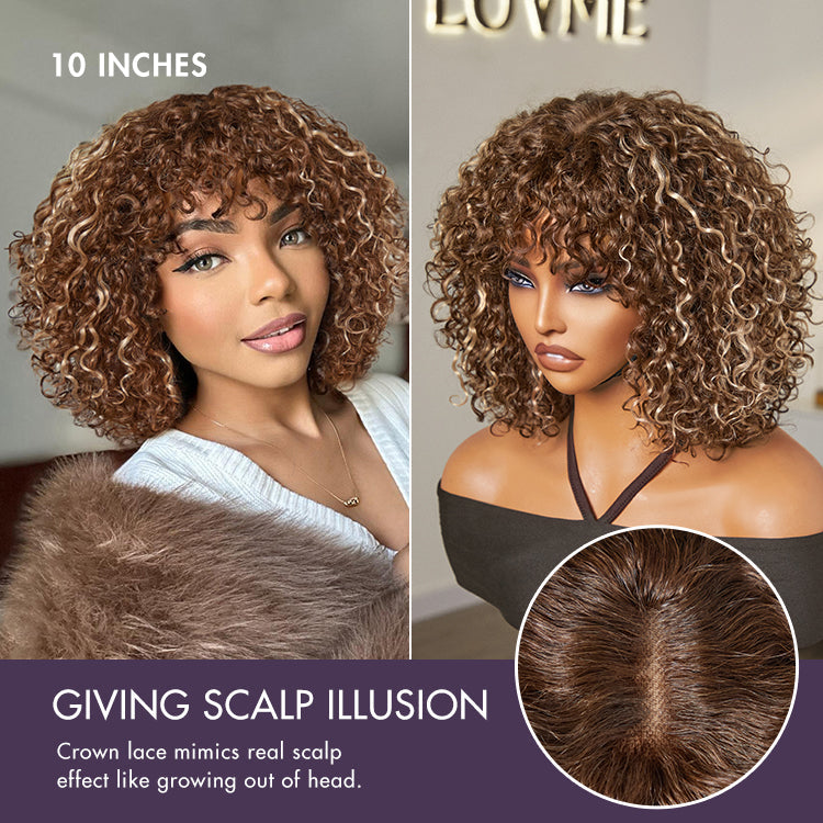 Weekly Special | Beginner Friendly Ash Blonde Highlights Water Wave True Scalp Minimalist Lace Glueless Curly Wig with Bangs