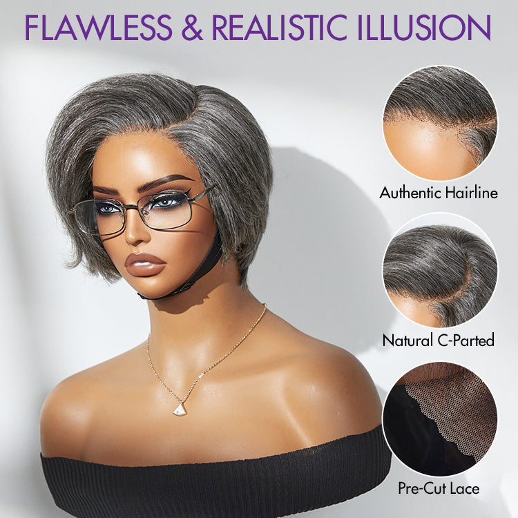 Salt and Pepper Short Pixie Cut Wig Glueless Minimalist HD Lace Grey Wig Pre-Cut Lace