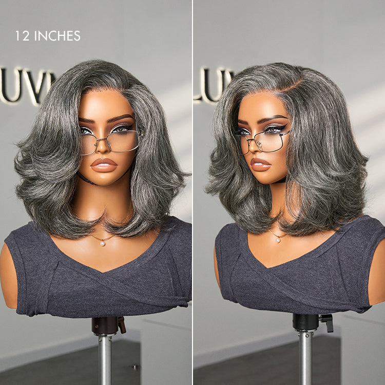 New Customers Only | Boss Vibe Salt & Pepper Layered Bob / Body Wave Glueless Pre-Cut Minimalist Lace Grey Wig