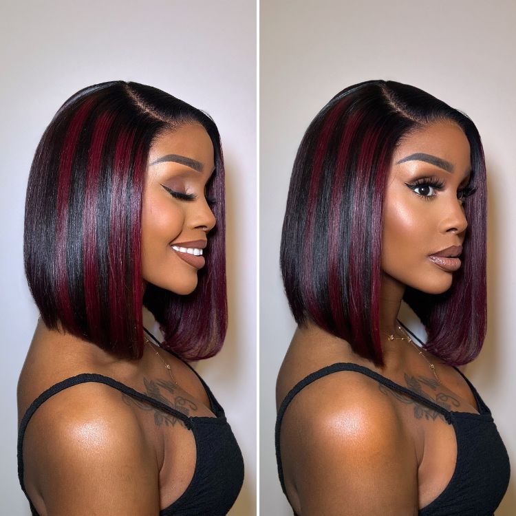 Dark Red Highlights Silky Blunt Cut C Part Glueless Minimalist HD Lace Bob Wig Beginner Friendly