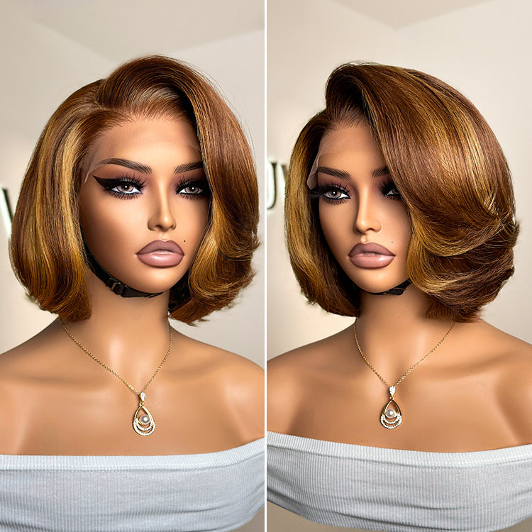 Weekly Special | Toffee Brown Mix Blonde / Natural Black Layered Cut Glueless 5x5 Closure Lace Bob Wig