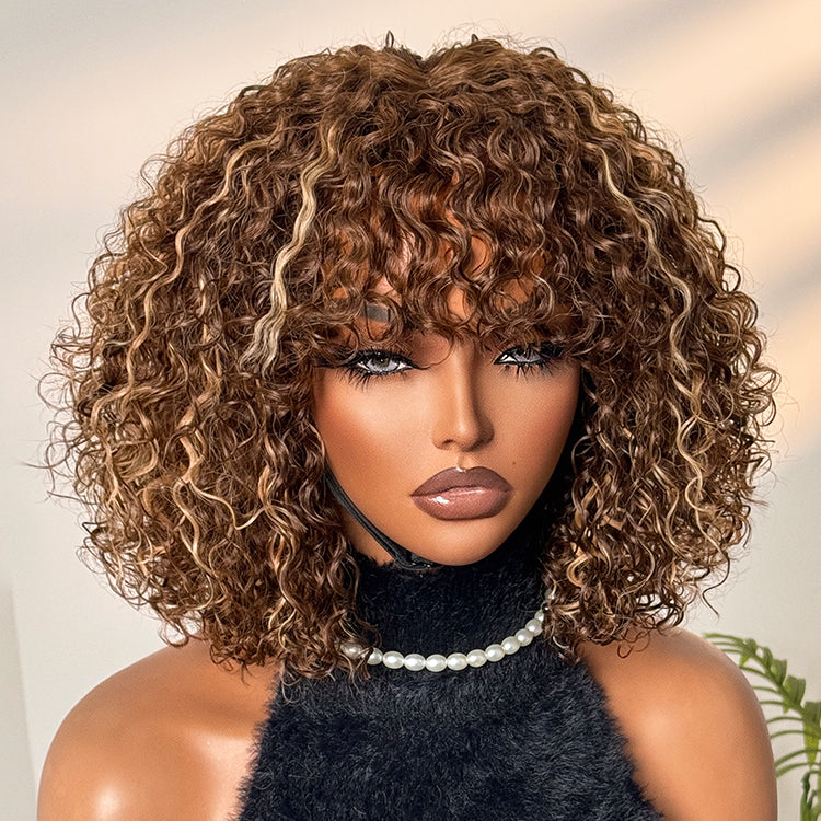 Weekly Special | Beginner Friendly Ash Blonde Highlights Water Wave True Scalp Minimalist Lace Glueless Curly Wig with Bangs