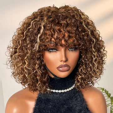 Weekly Special | Beginner Friendly Ash Blonde Highlights Water Wave True Scalp Minimalist Lace Glueless Curly Wig with Bangs