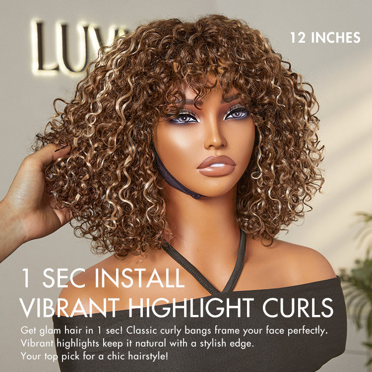 New Customers Only | Beginner Friendly Water Wave Minimalist Lace Glueless Short Curly Wig with Bangs