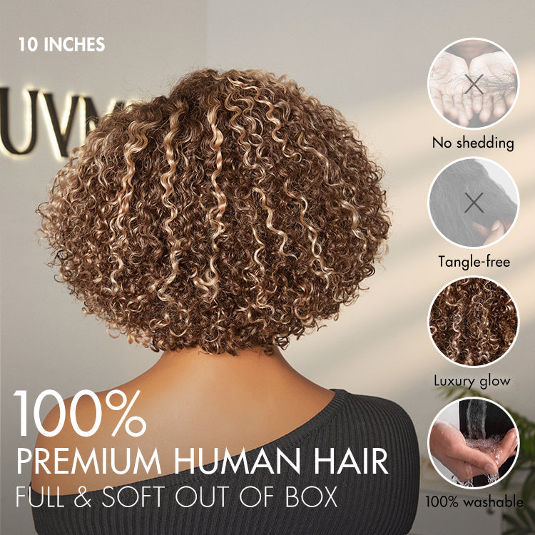 Beginner Friendly Ash Blonde Highlight Short Kinky Curly Wig Glueless Minimalist HD Lace Wig Pre-Cut Lace