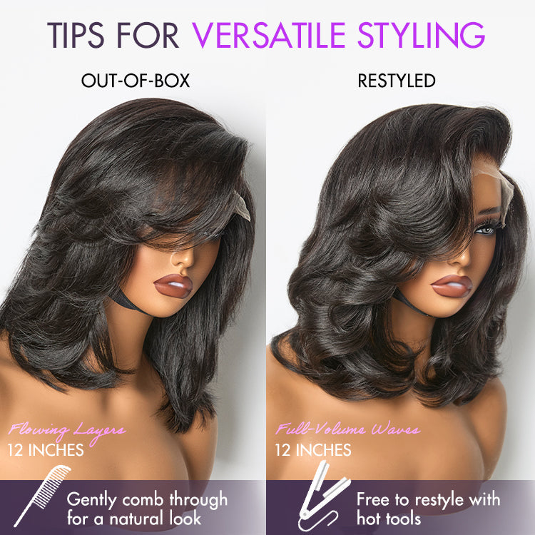 New Customers Only | Effortlessly Chic Layered Haircut Wavy Glueless HD Minimalist Lace Short Wig