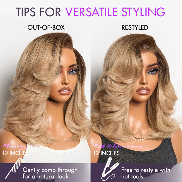 Ombre Blonde Blow Out Layered Cut Wavy Glueless HD Minimalist Lace Wig