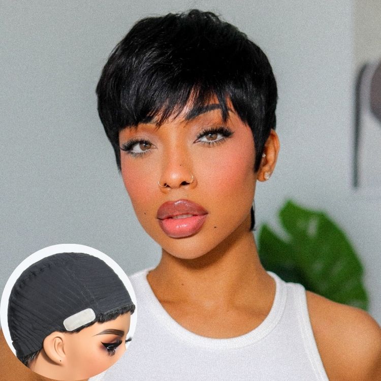Weekly Special | Throw On & Go Short Cut with Bangs Ultra Comfort Cotton Cap Glueless Wig Hair Loss Friendly - US Only