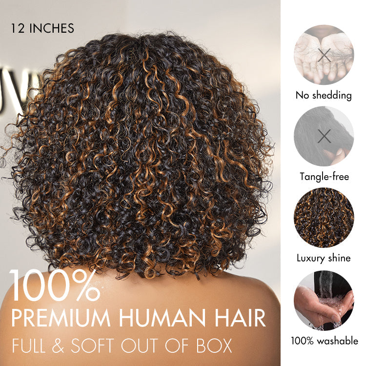 New Customers Only | Beginner Friendly Water Wave Minimalist Lace Glueless Short Curly Wig with Bangs