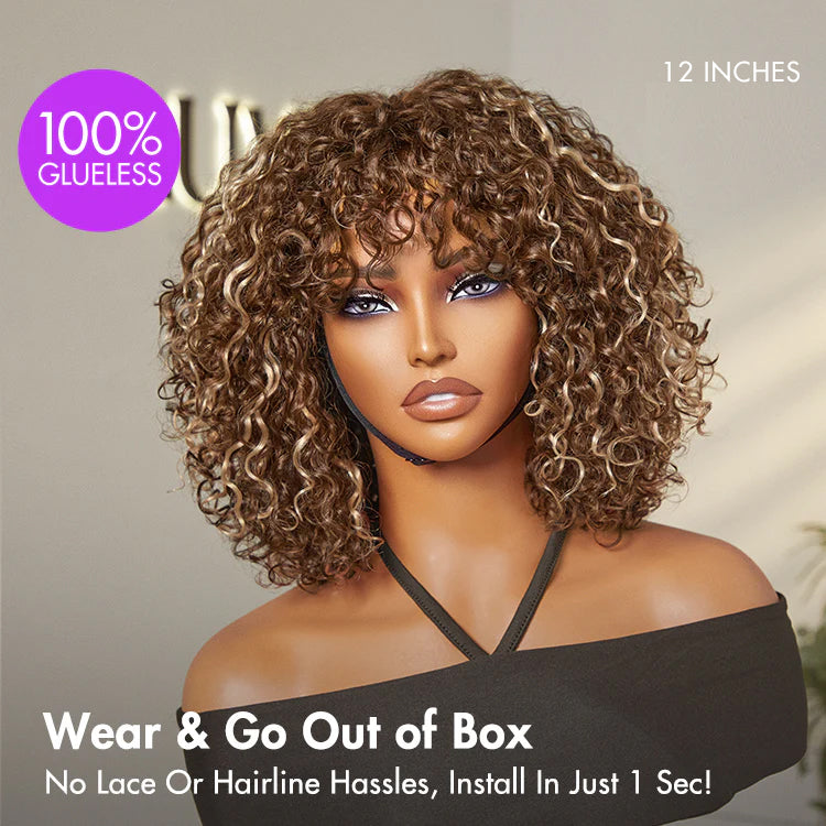 Weekly Special | Beginner Friendly Ash Blonde Highlights Water Wave True Scalp Minimalist Lace Glueless Curly Wig with Bangs