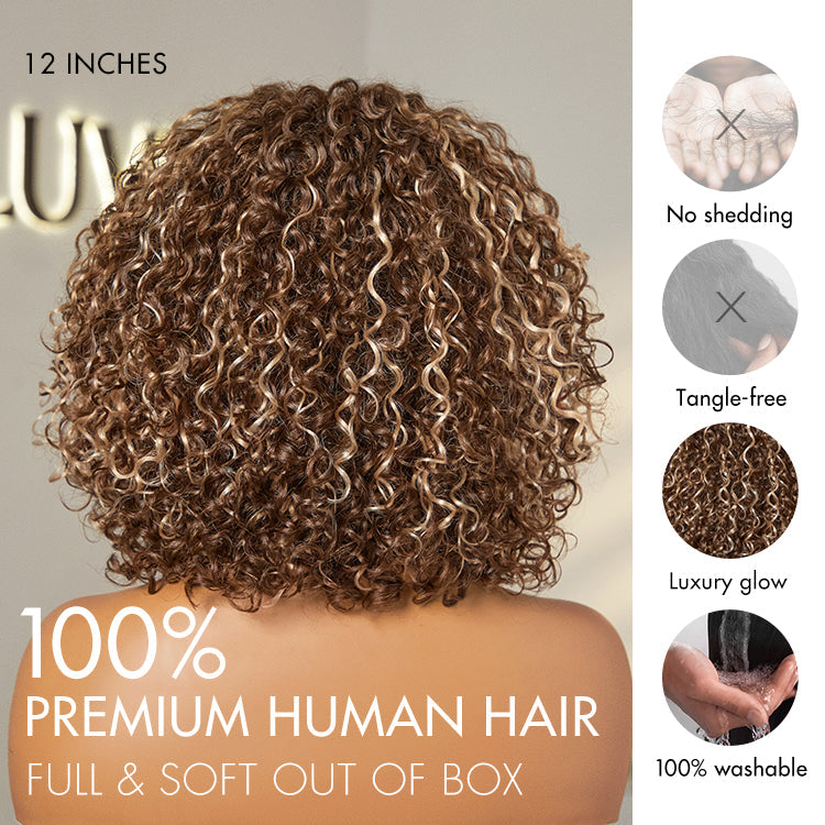 Weekly Special | Beginner Friendly Ash Blonde Highlights Water Wave True Scalp Minimalist Lace Glueless Curly Wig with Bangs