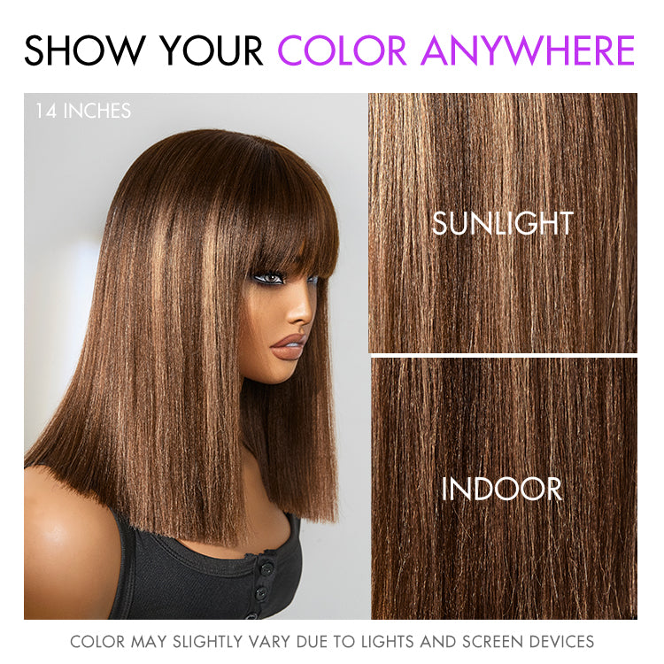 New Customers Only | Ash Blonde Highlights Yaki Blunt Cut Bob Wig with Bangs Glueless Minimalist Lace Short Wig Breathable Cap