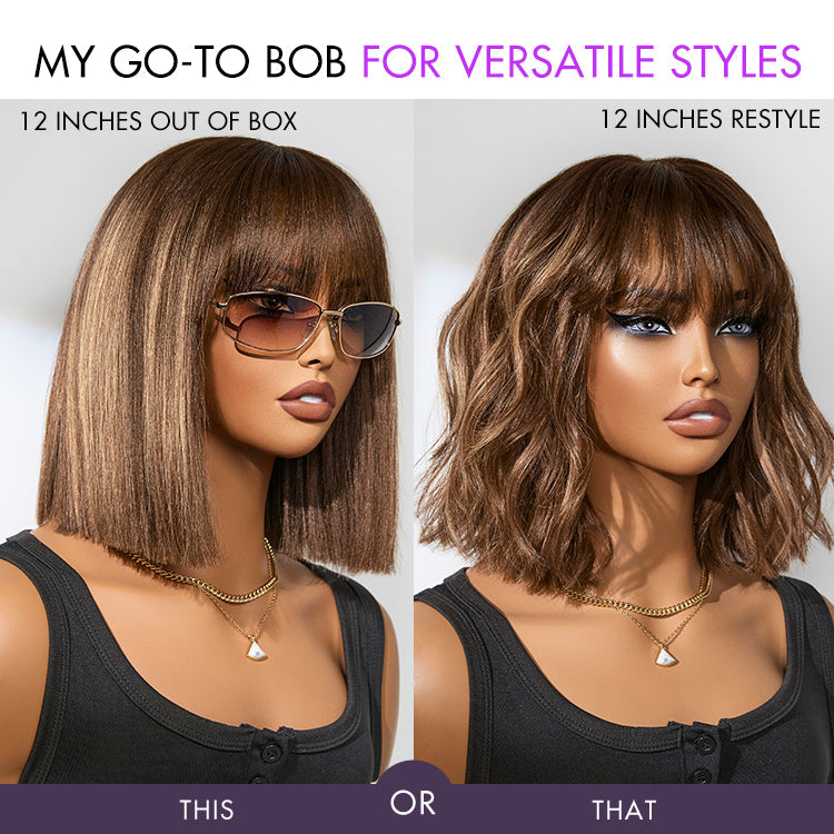 Exclusive Sale | Put On and Go Realistic Glueless Yaki Straight Bob with Bangs Minimalist Lace Wig 100% Human Hair