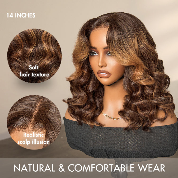 Luvme Hair 180% Density Elegant Brown Ombre Loose Wave Minimalist HD Lace Glueless Short Wig 100% Human Hair Pre-Cut Lace