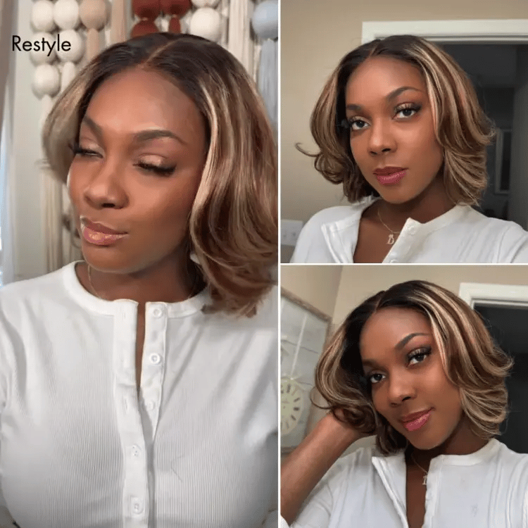 New Customers Only | Blonde Highlight / Brown Highlight Short Layered Bob Wig Glueless 5x5 Closure Pre-Cut Lace Wig