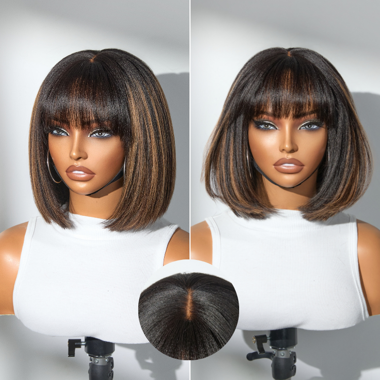 Weekly Special | Put On and Go Brown Highlight Yaki Bob with Bangs Glueless Minimalist Lace Wig Breathable Cap