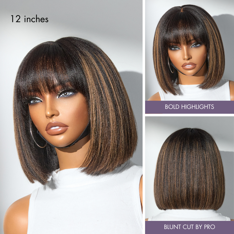 Put On and Go Brown Highlight Yaki Bob with Bangs Glueless Minimalist Lace Wig Breathable Cap