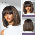 Put On and Go Brown Highlight Yaki Bob with Bangs Glueless Minimalist Lace Wig Breathable Cap