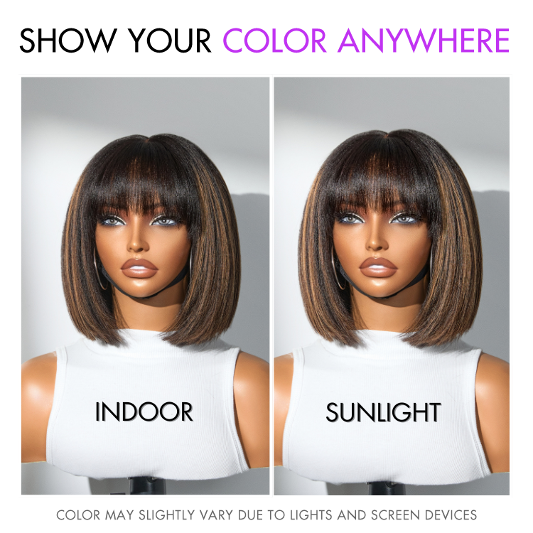 Weekly Special | Put On and Go Brown Highlight Yaki Bob with Bangs Glueless Minimalist Lace Wig Breathable Cap