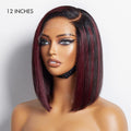 Dark Red Highlights Silky Blunt Cut C Part Glueless Minimalist HD Lace Bob Wig Beginner Friendly