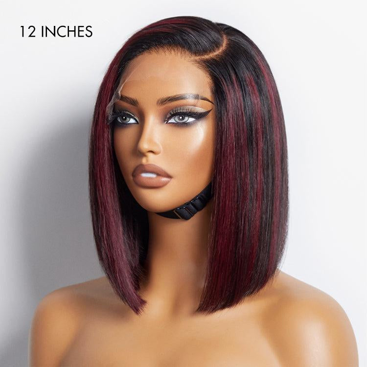 Dark Red Highlights Silky Blunt Cut C Part Glueless Minimalist HD Lace Bob Wig Beginner Friendly