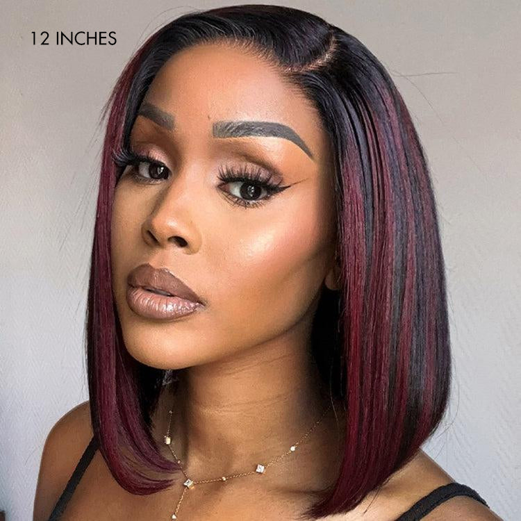 Dark Red Highlights Silky Blunt Cut C Part Glueless Minimalist HD Lace Bob Wig Beginner Friendly