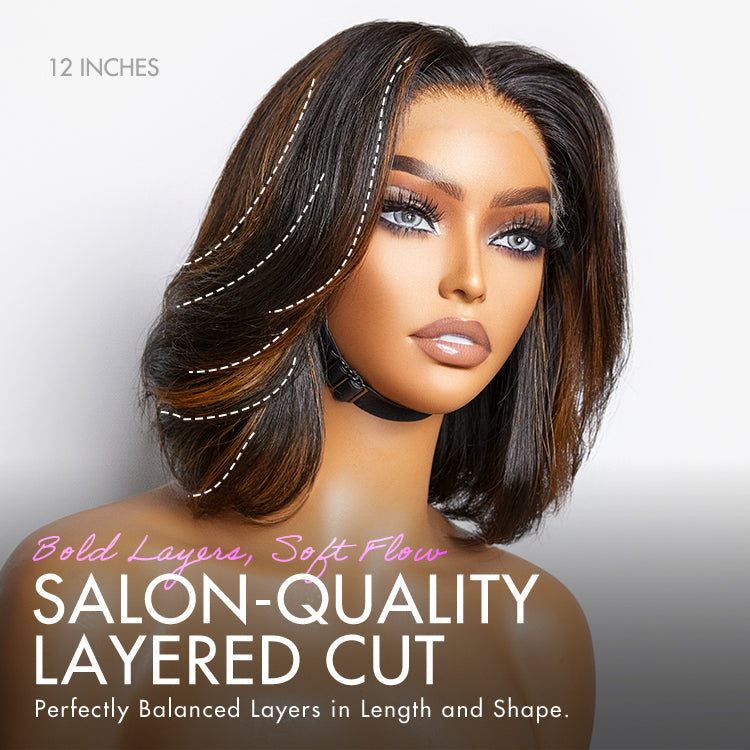 New Customers Only | Limited Design | Blonde Highlights Glueless 5x5 Closure HD Lace Stacked Bob Wig | Large & Small Cap Size