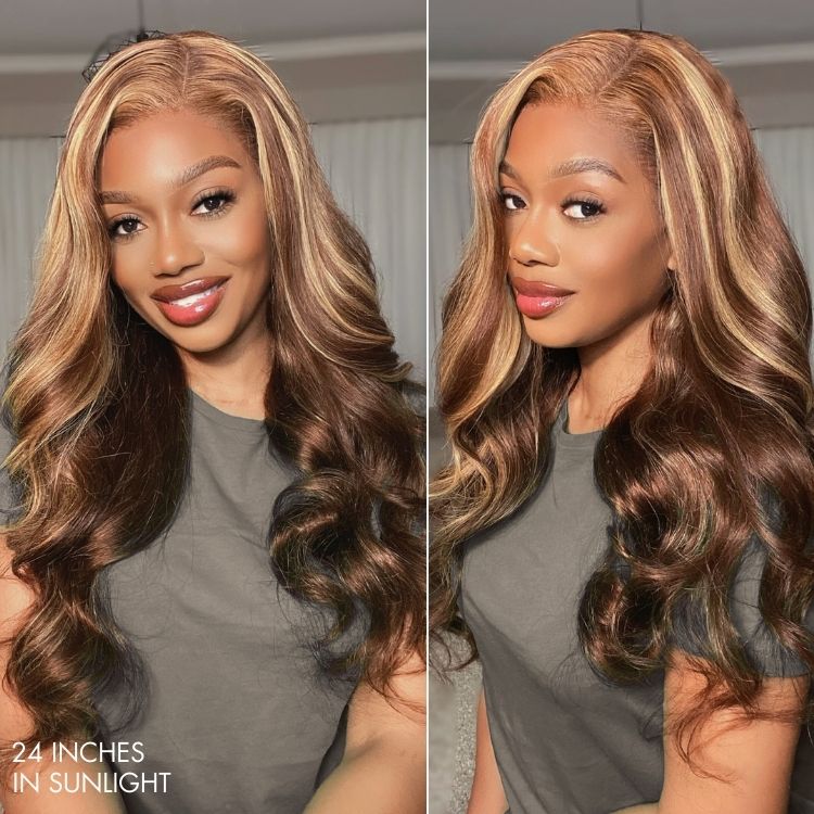 Honey Blonde Highlight / Black Loose Body Wave Glueless 13x4 Lace Front Wig